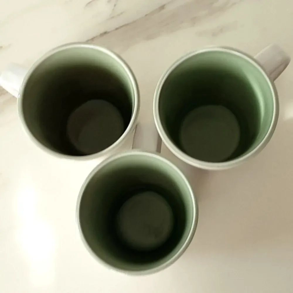 3 PIER 1 IMPORTS DUSK JADE Crackle Green Smooth White Stoneware Coffee Mugs